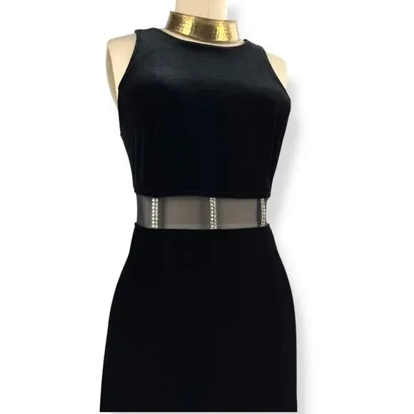 90's sexy black velvet long fitted dress with high slit and mesh crystal trim - Picture 11 of 16